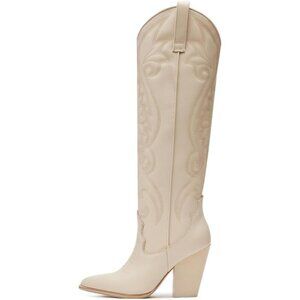 Women White Embroidered Pointed Toe Knee High Western Chunky Heels Boots